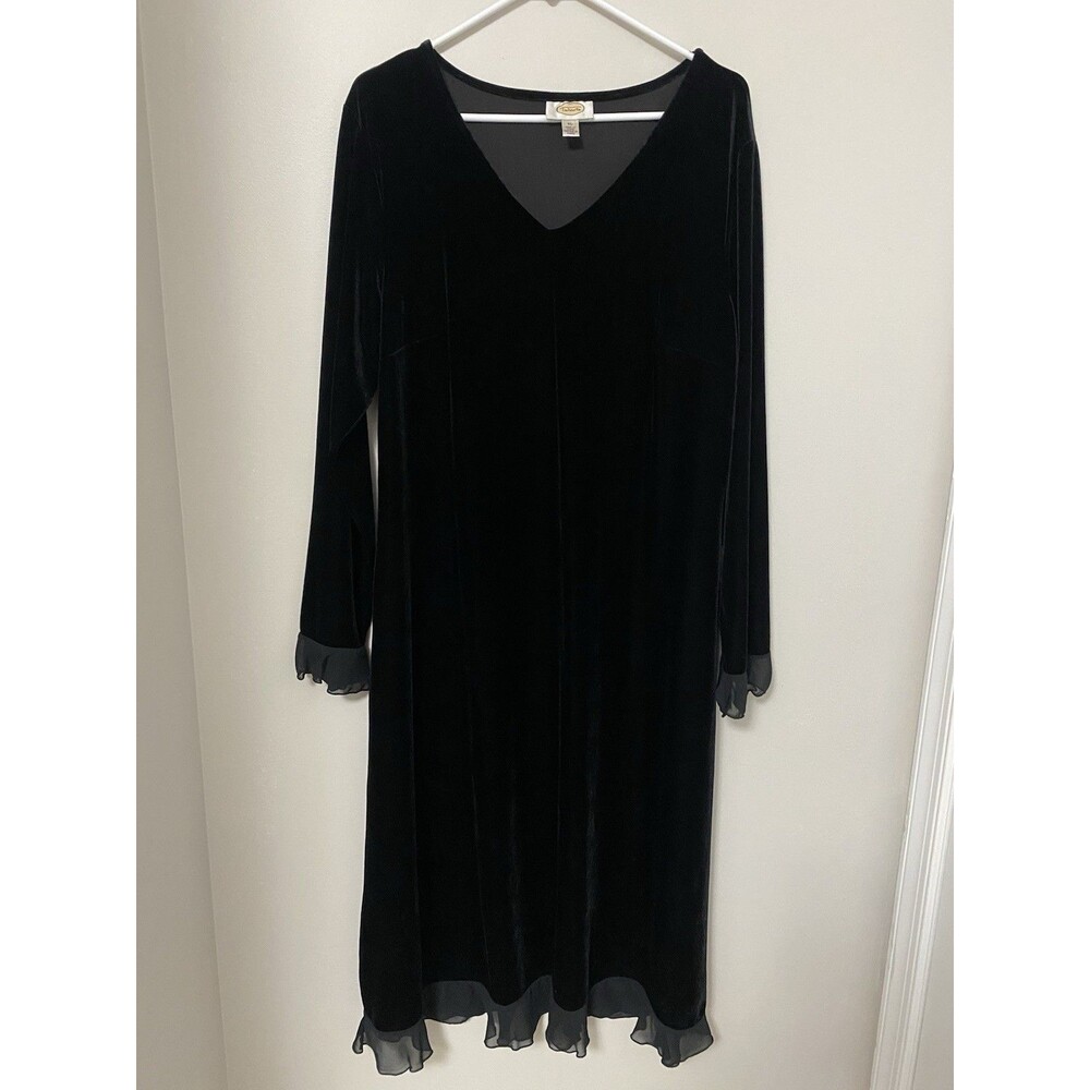 Talbots Black Velvet L/S Sheer Lace Accent Sheath Dress  XL Knee Length V Neck